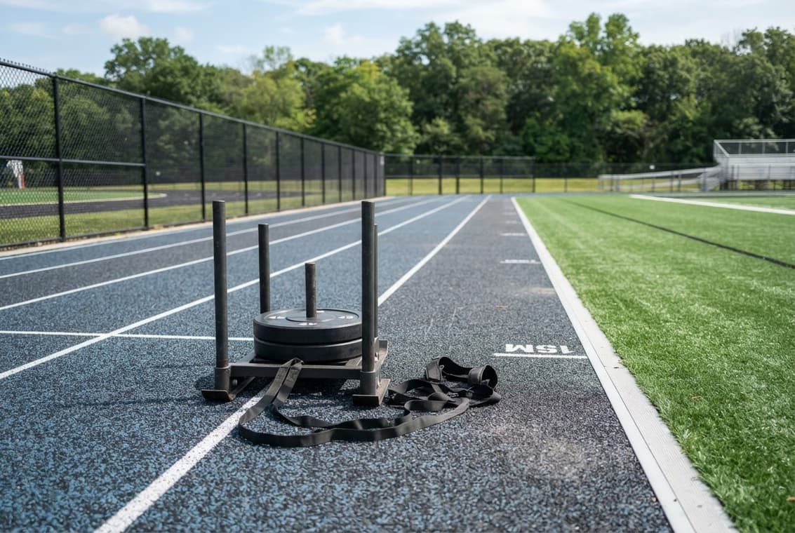 A heavy training sled resting on a highly durable, impact-absorbing blue rubber athletic surface, ideal for sports and gym facilities.