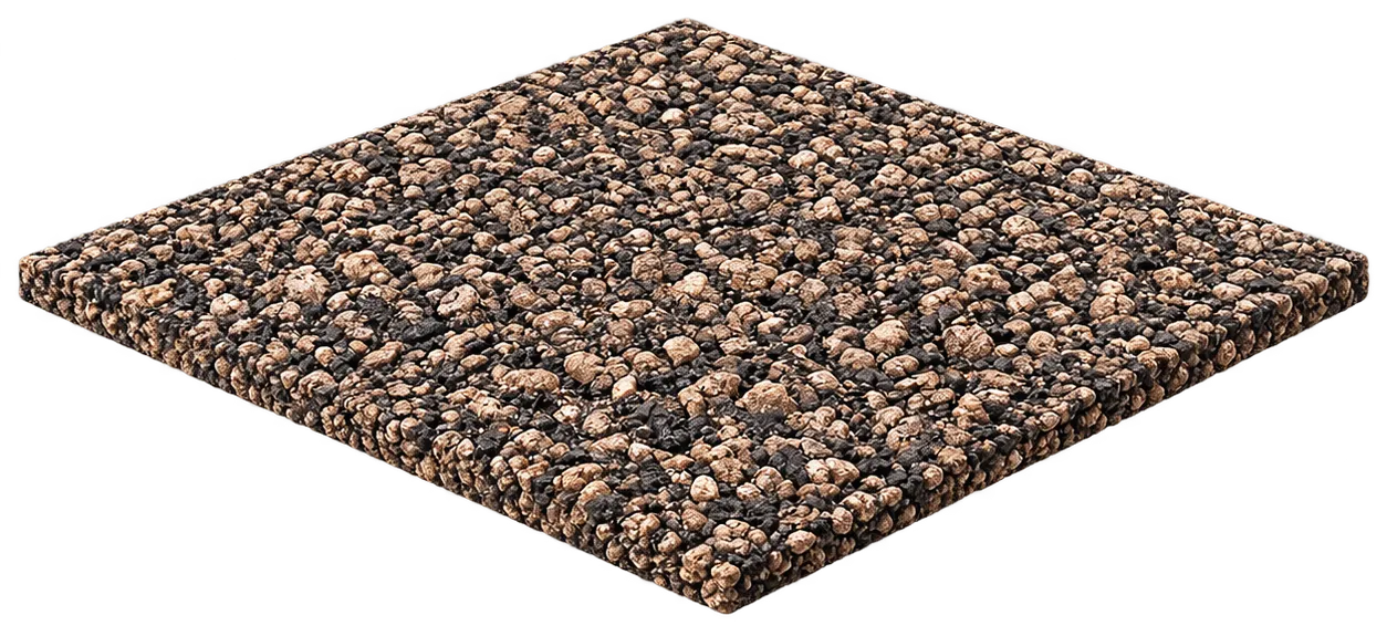 3D illustration of the finished layer: virgin EPDM rubber granules hand-troweled over the resin binder.