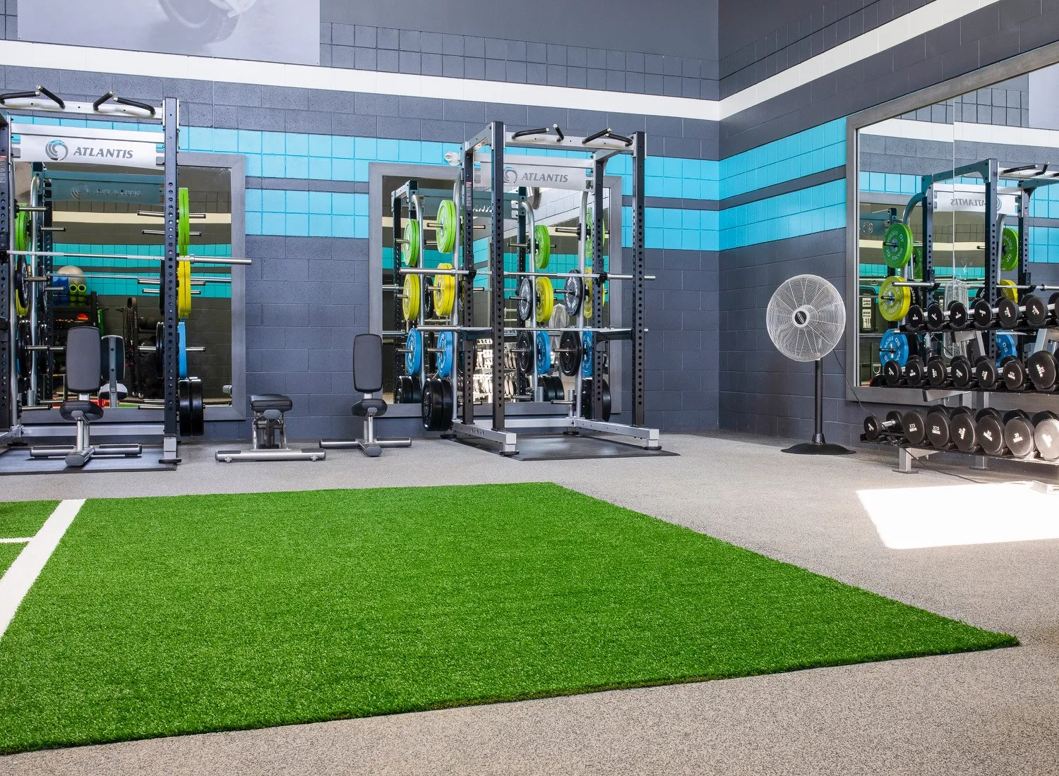 Gym floor in light grey rubber surfacing beside a strip of green turf, with squat racks and dumbbells behind.