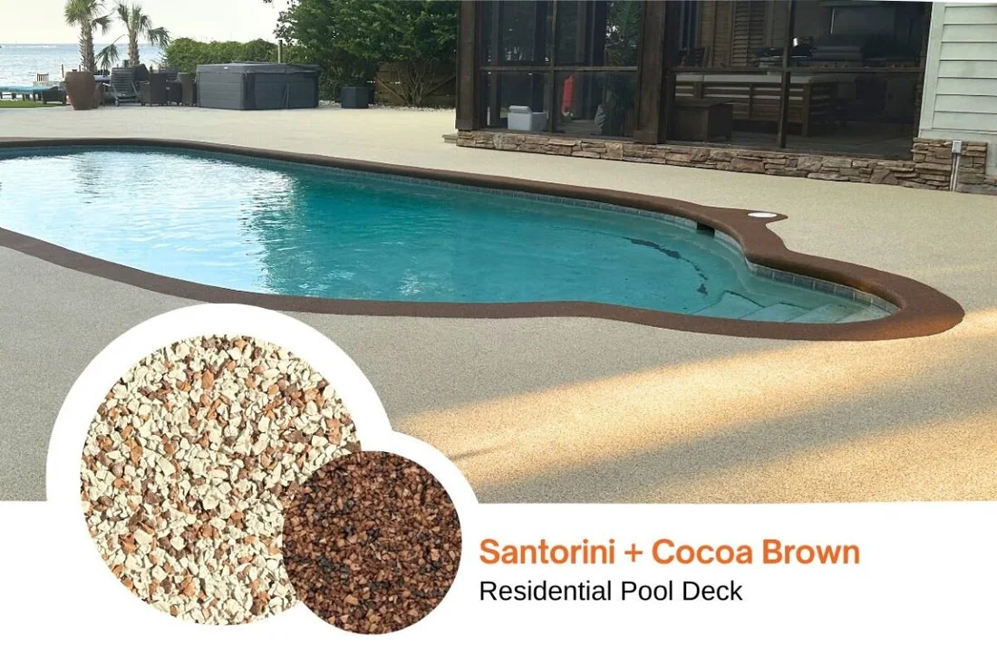 Santorini + Cocoa Brown blend shown on a residential pool deck