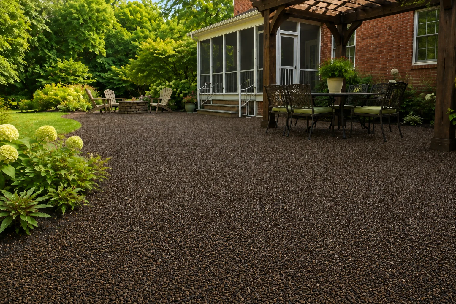 Backyard patio beside a screened porch and pergola, resurfaced in a dark resin rock blend.