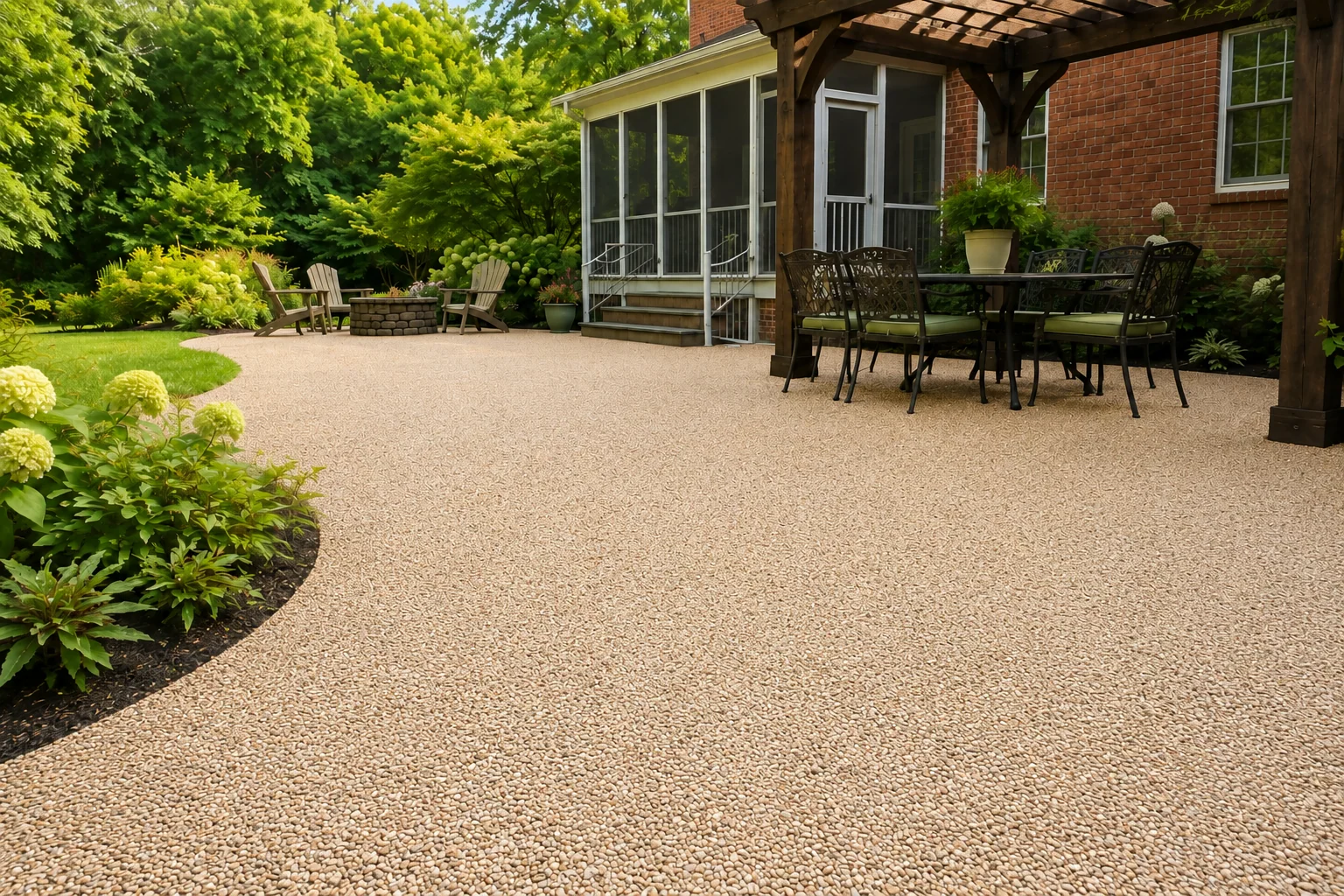 Backyard patio beside a screened porch and pergola, resurfaced in a light resin rock blend.