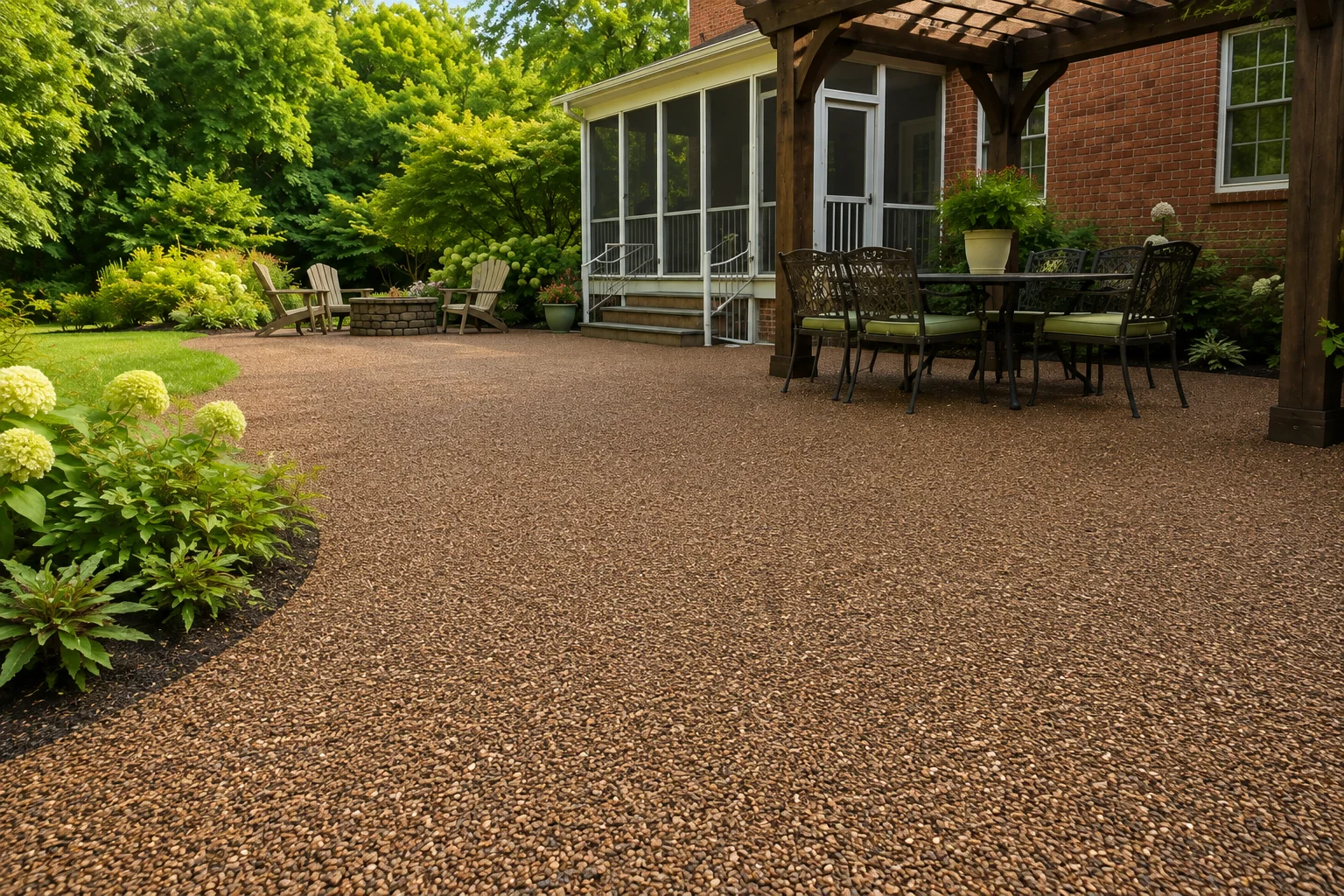 Backyard patio beside a screened porch and pergola, resurfaced in a medium resin rock blend.