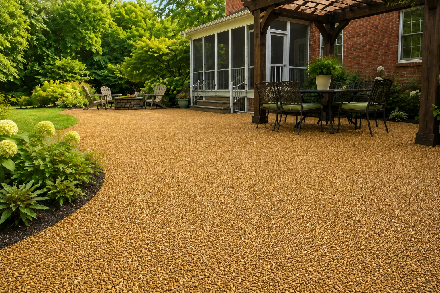 Backyard patio beside a screened porch and pergola, resurfaced in a warm resin rock blend.